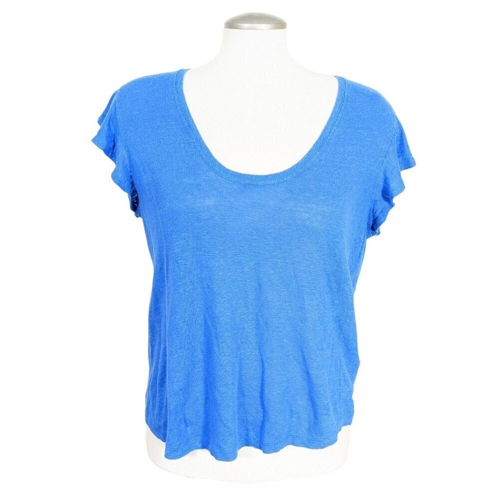 Whistles Womens Top Medium Royal Blue Linen Flutter Frill Sleeve Slub Knit